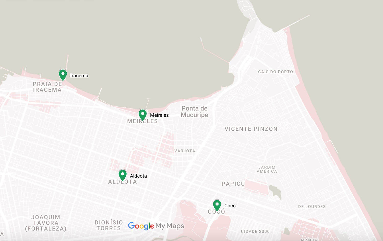 Map of Fortaleza showing the four main digital nomad neighbourhoods: Iracema, Meireles, Aldeota, and Cocó