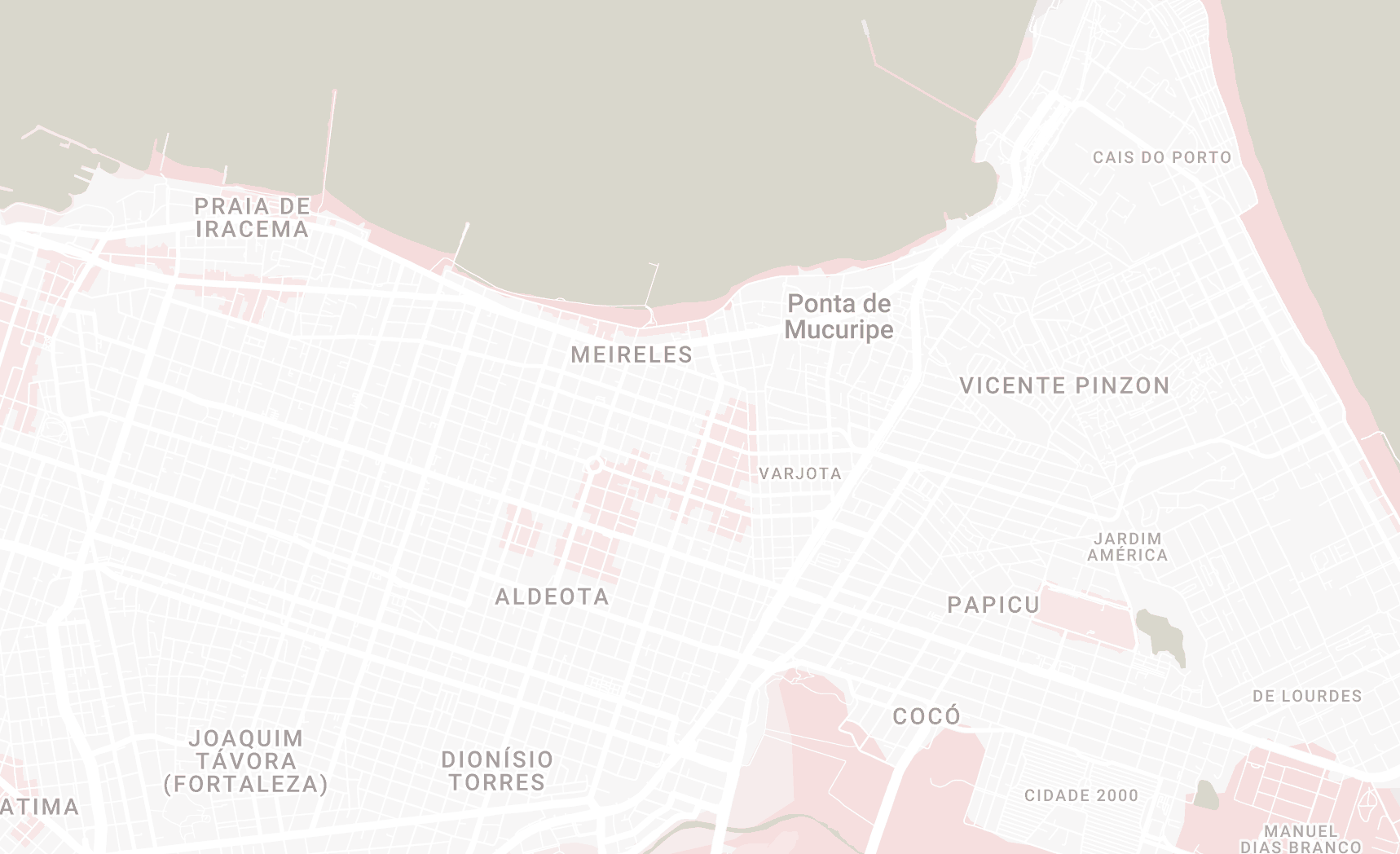 Map of Fortaleza showing the four main digital nomad neighbourhoods: Iracema, Meireles, Aldeota, and Cocó, with day and night safety context