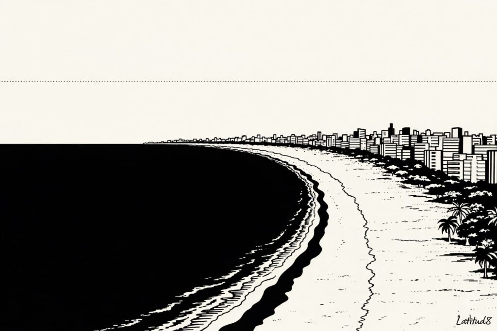 Aerial view of the Brazilian northeast coastline curving toward the horizon, a dotted latitude line marking eight degrees south above the sea.