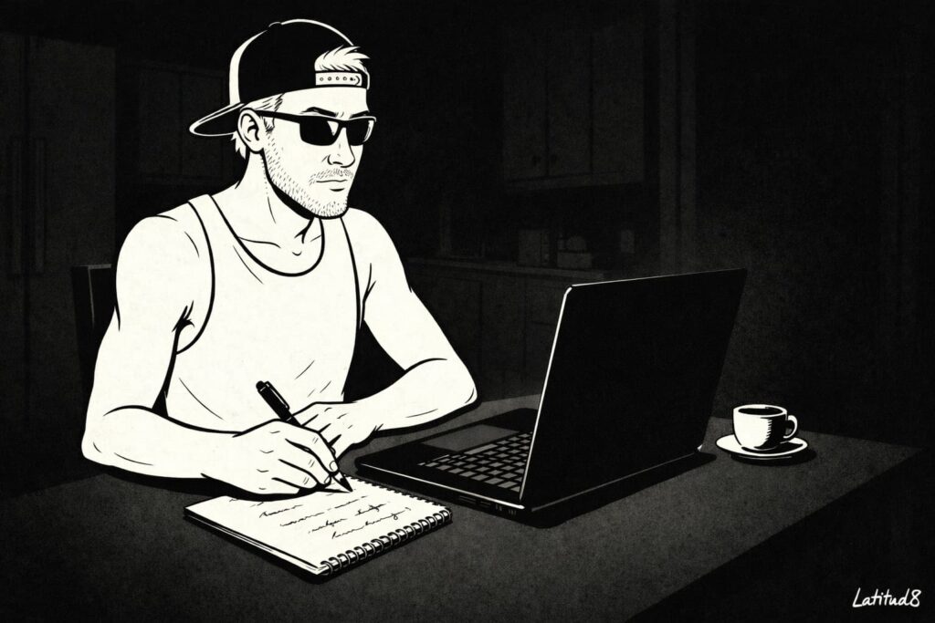 Keith sitting alone at a kitchen table at night with a laptop open, a cafezinho beside him, writing in a notepad with a resolute expression.