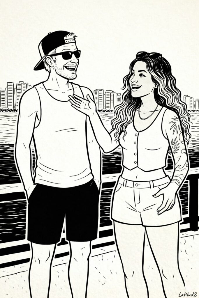 Keith and Steffany standing at the Beira Mar promenade in Fortaleza, turned toward each other mid-conversation, the ocean and city skyline behind them.