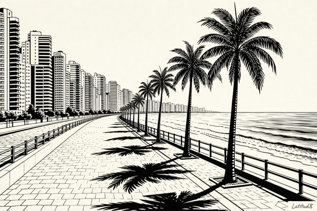 The Beira Mar promenade in Fortaleza with the Atlantic coastline curving away, palm trees lining the walkway and high-rise buildings behind.