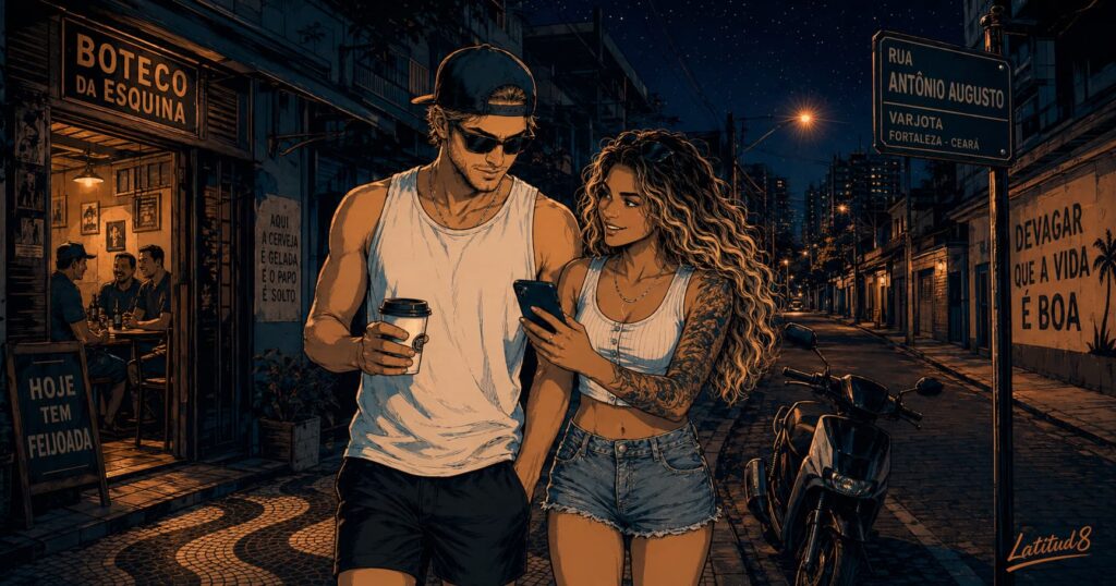 Keith and Steffany walking along a quiet Fortaleza backstreet after dinner, Keith with a coffee, Steffany showing him something on her phone.