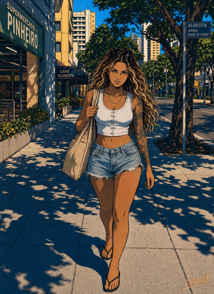 Steffany walking along a tree-lined Aldeota avenue past a supermarket and café, shopping bag over her shoulder, completely at ease.