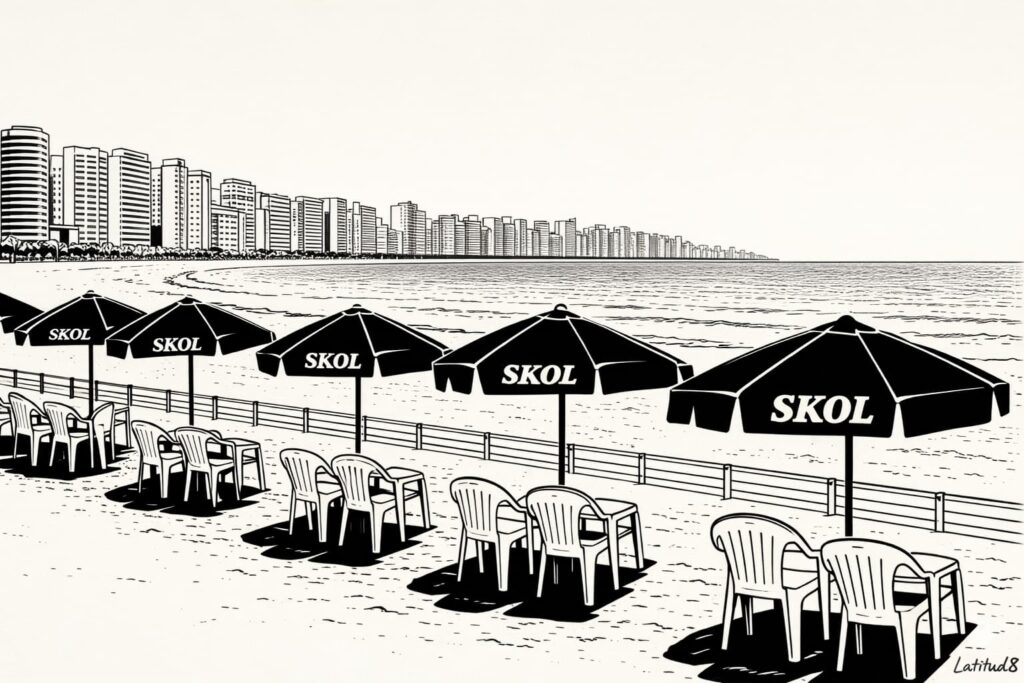 Meireles beachfront in Fortaleza with Skol beach umbrellas lined up along the sand and the city high-rise skyline stretching behind.