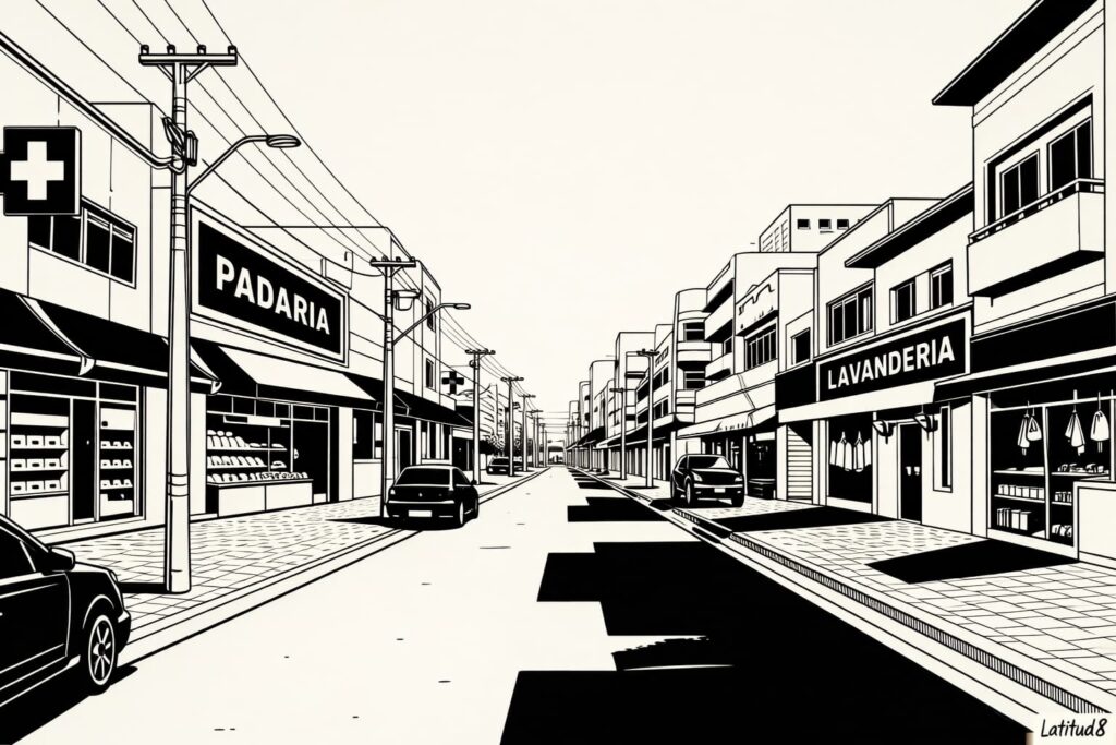 A quiet commercial street in Aldeota, Fortaleza, with a pharmacy, padaria, and local shops on a wide shaded pavement.