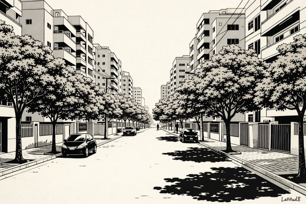A wide shaded residential street in Cocó, Fortaleza, lined with mature trees and modern apartment buildings, quiet and unhurried.