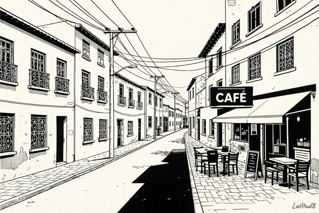 A narrow Iracema street in Fortaleza with old pastel buildings and a newer café side by side, overhead cables crossing above.