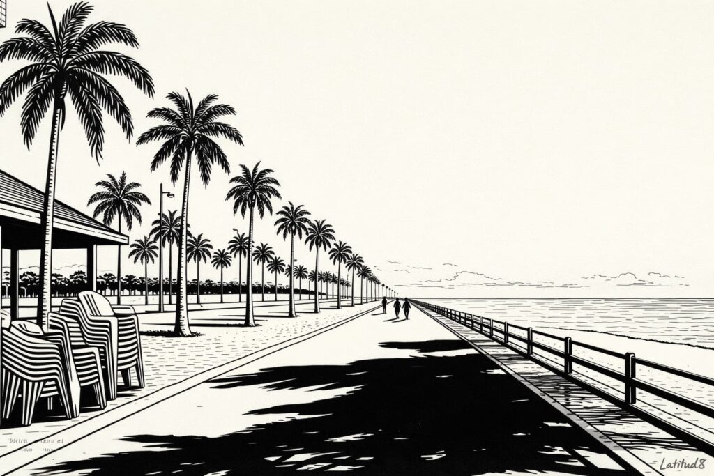 The Beira Mar promenade in Meireles, Fortaleza, on a Sunday morning with cyclists and runners along the palm-lined walkway.