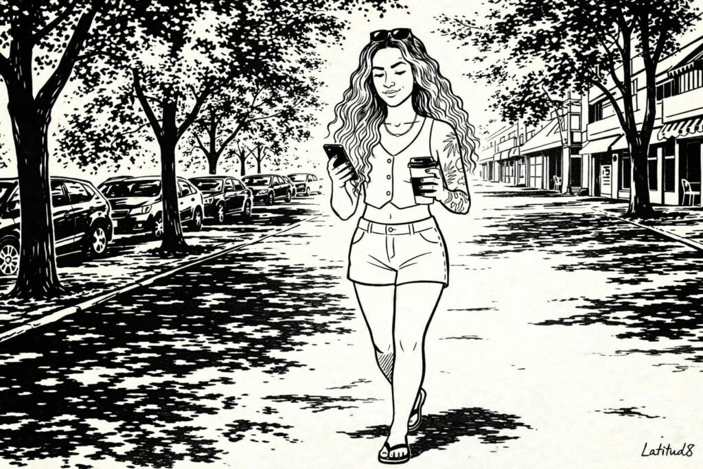 Steffany walking alone along a shaded Aldeota pavement at midday, carrying a takeaway coffee, mid-stride on a familiar route.