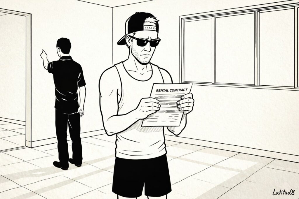 Keith standing in a bare Fortaleza apartment holding a rental contract with an expression of confusion, a real estate agent in the background.