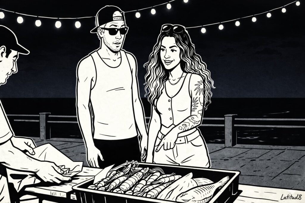 Keith and Steffany at a Beira Mar market stall at dusk, a vendor wrapping fresh prawns as the Fortaleza sky goes dark behind them.