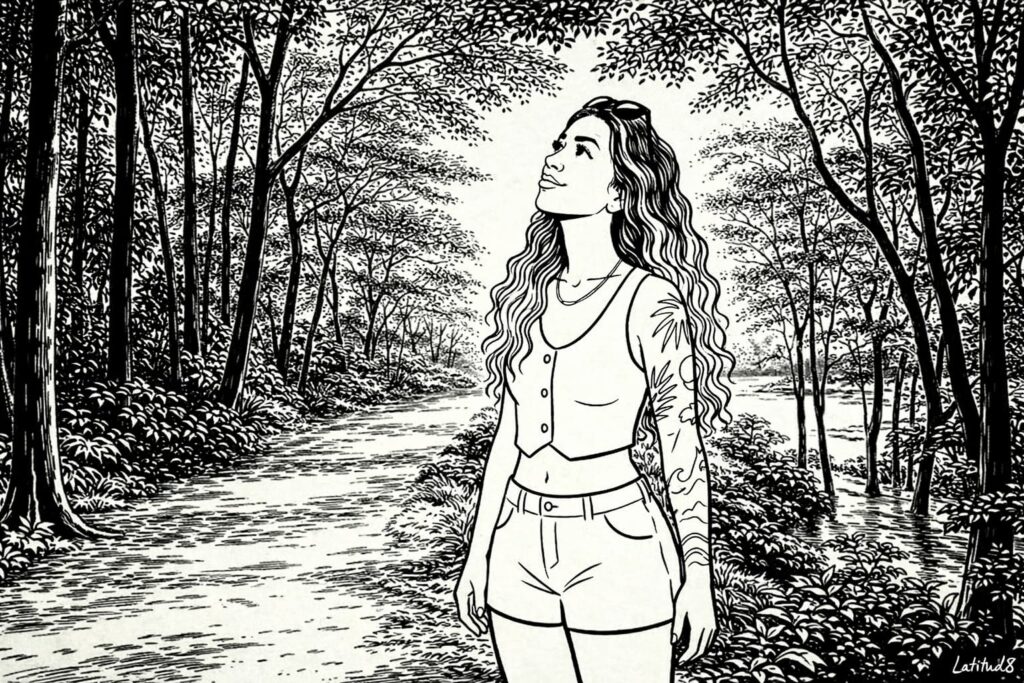 Steffany walking along a shaded path inside Parque Ecológico do Cocó, looking up at the tree canopy with a lagoon visible through the trees.