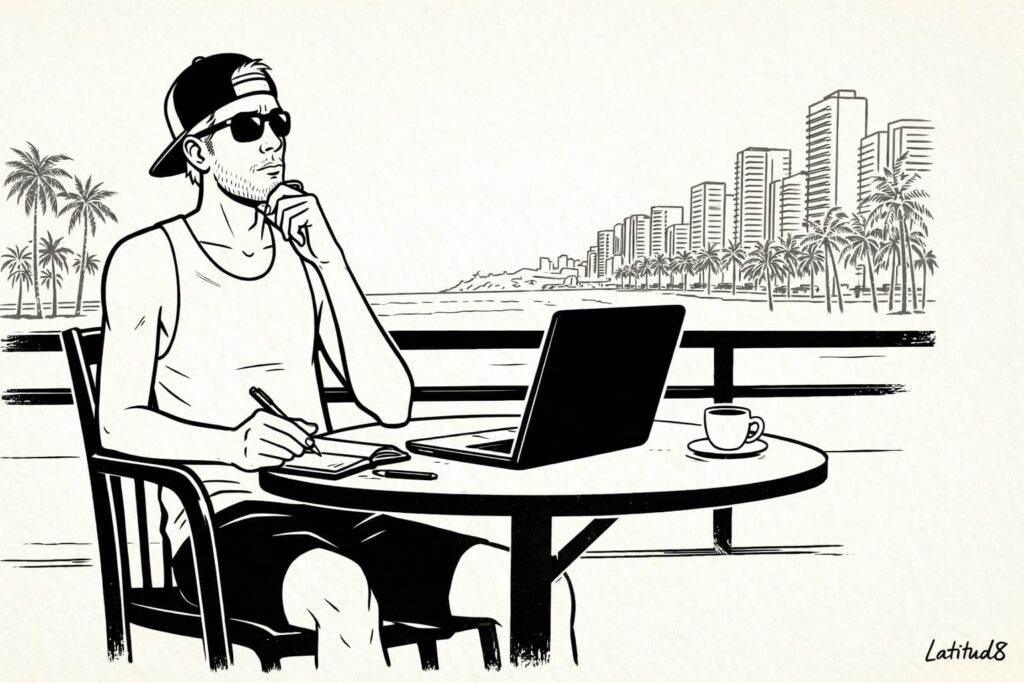 Keith sitting at an outdoor Fortaleza café table with a cafezinho, laptop open and a pen in hand, looking into the middle distance thinking.