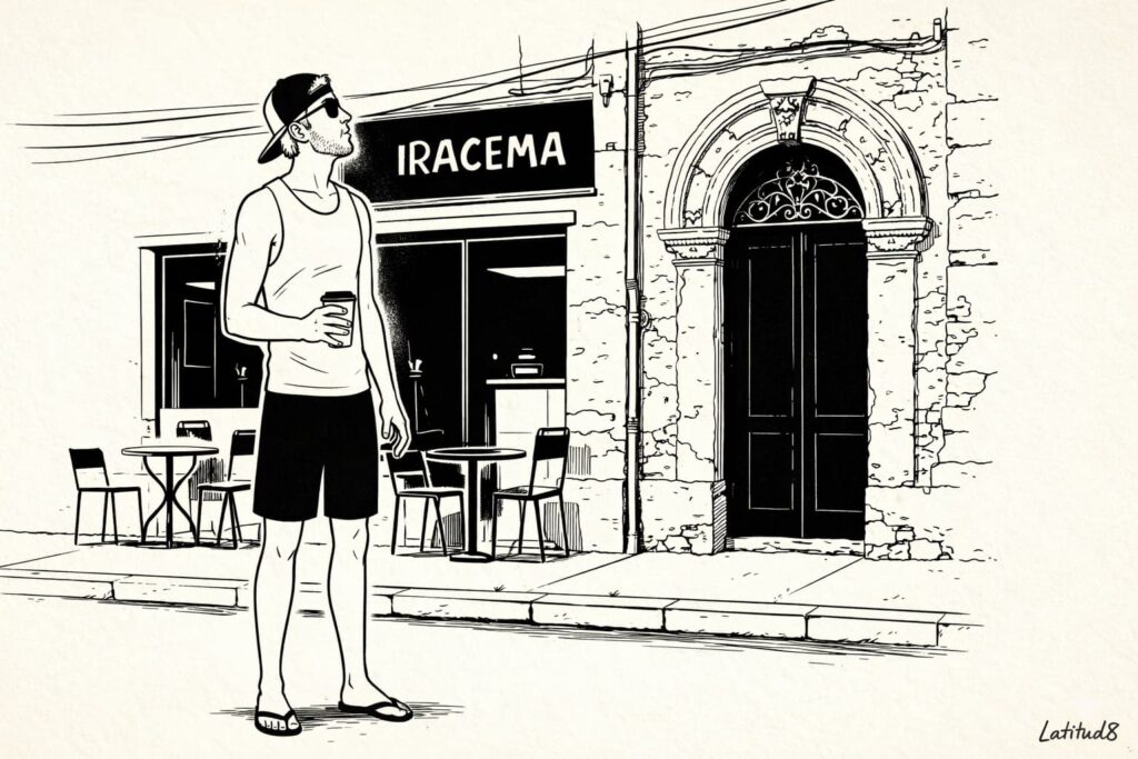 Keith standing outside a new Iracema café holding a coffee, looking up at the crumbling ornate facade of the older building directly beside it.