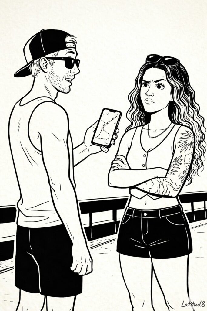 Keith showing Steffany his running route on his phone, Steffany staring at the screen with arms crossed and one eyebrow raised very high.