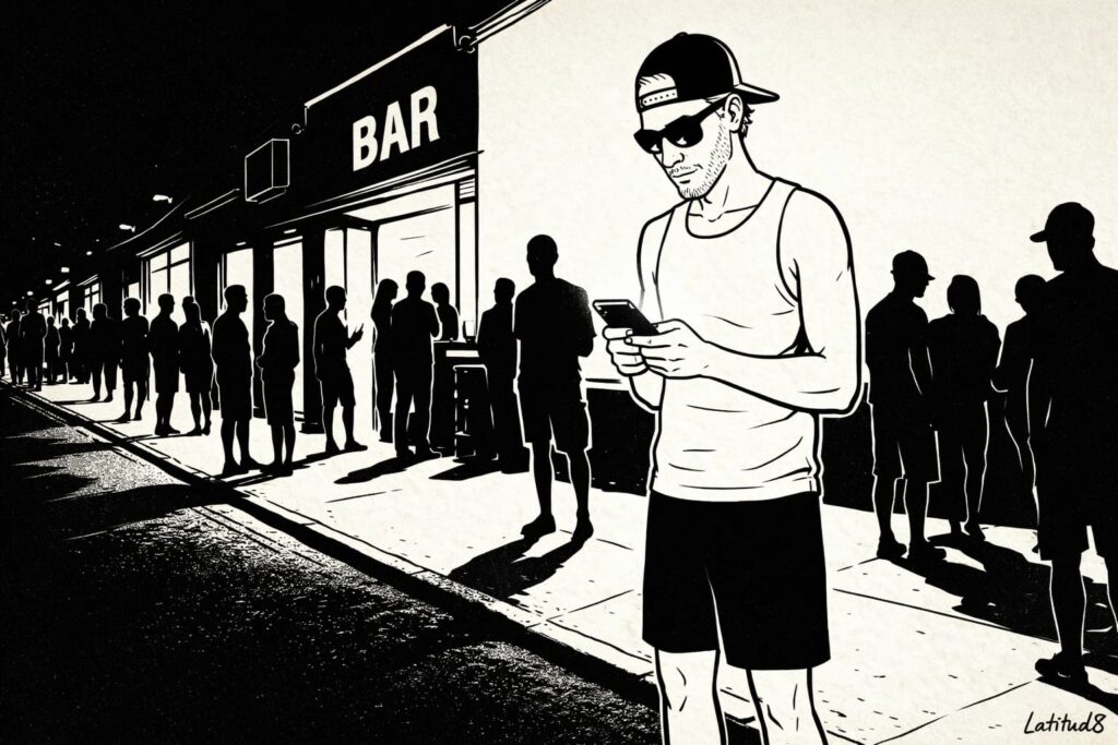 Keith standing outside a busy Iracema bar at night opening the Uber app on his phone, warm bar light spilling onto the pavement behind him.