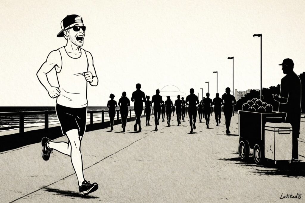 Keith running along the Beira Mar promenade before dawn, passing a coconut vendor with a crowd of other early runners ahead of him.