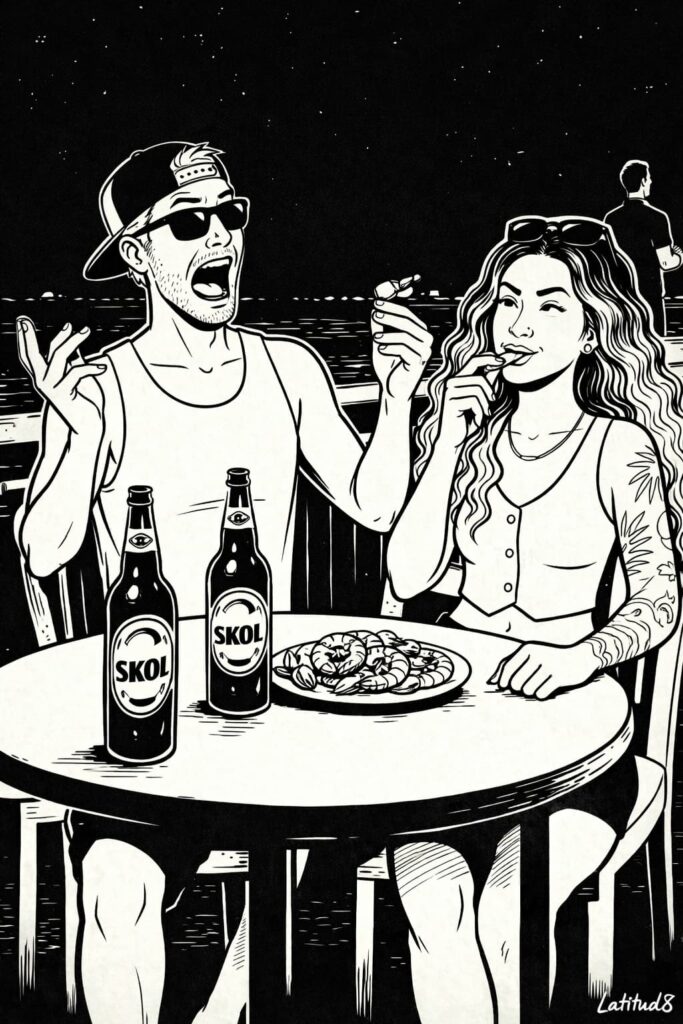 Keith and Steffany at an outdoor Beira Mar restaurant table at night, eating fresh cooked prawns with two cold Skol bottles on the table.