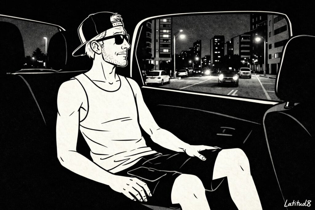 Keith sitting in the back of an Uber at night in Fortaleza, phone put away, looking relaxed out the window at the lit city streets.