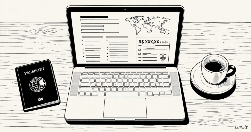 A laptop showing a health insurance policy document, a passport to the left and a cafezinho to the right, everything laid out on a table.