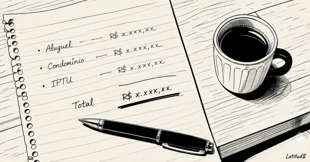 A hand-written rental cost breakdown showing Aluguel, Condomínio, and IPTU line items with a pen and cafezinho on the side.
