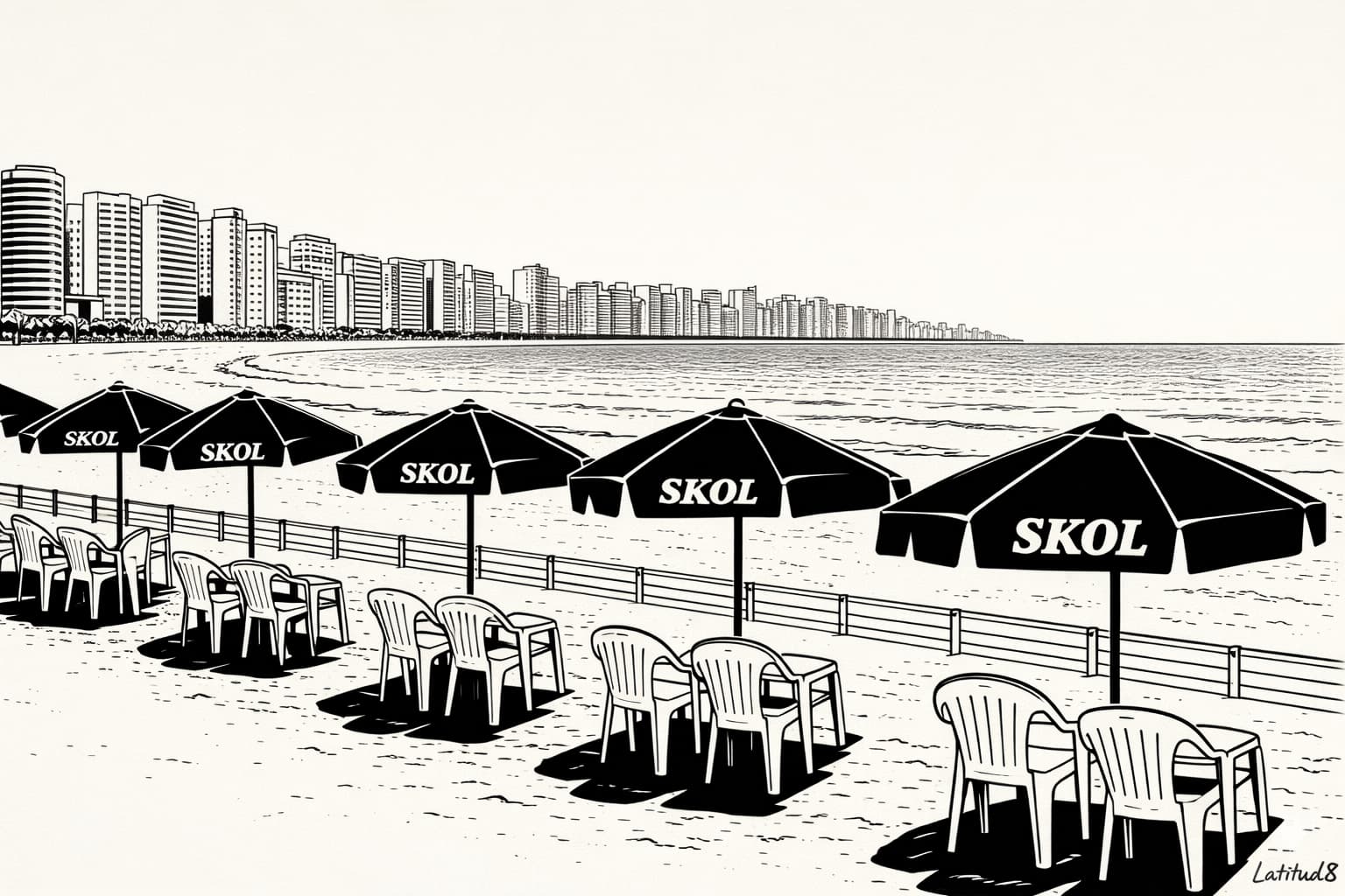 Meireles beachfront in Fortaleza with Skol beach umbrellas lined up along the sand and the city high-rise skyline stretching behind.