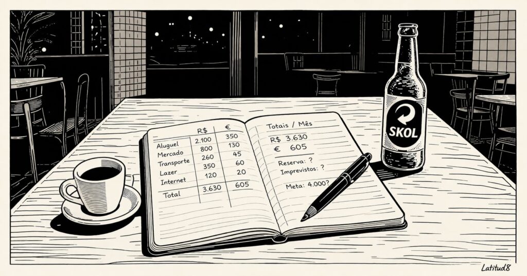 A notebook with handwritten budget figures, a cafezinho and a Skol bottle on a table at night in Fortaleza.