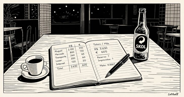 A notebook with handwritten budget figures, a cafezinho and a Skol bottle on a table at night in Fortaleza.