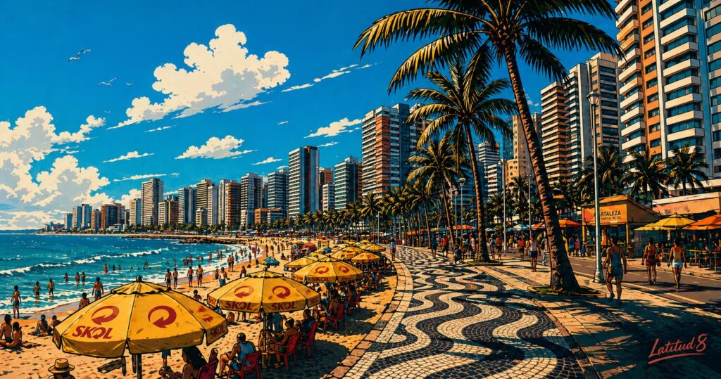 Fortaleza's Beira-Mar promenade at late afternoon, the tower skyline behind, beach umbrellas and palm trees in the foreground.