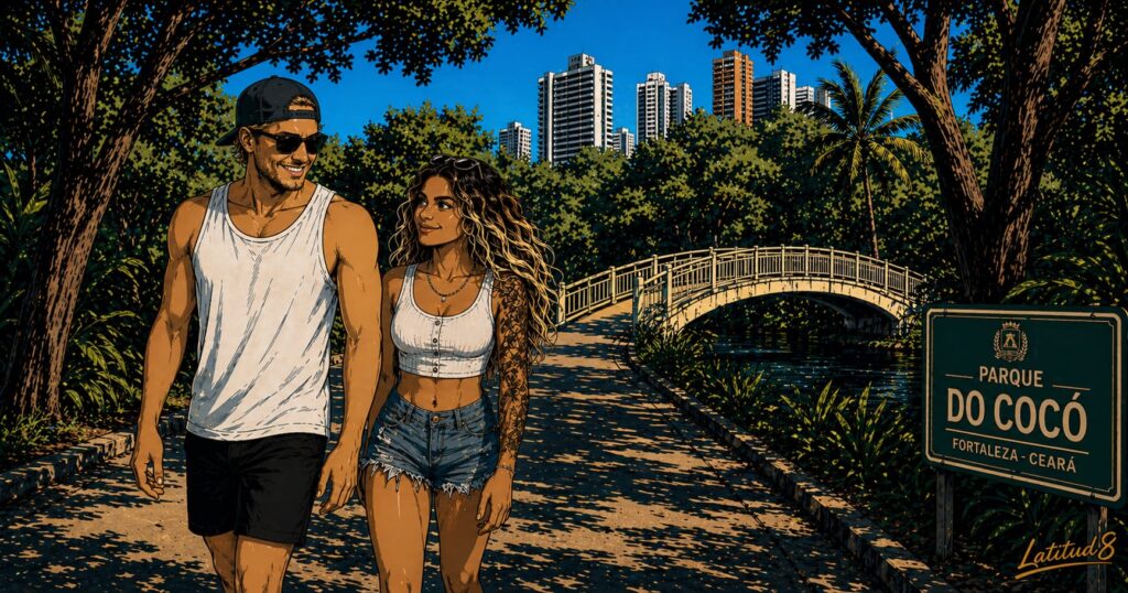 Keith and Steffany walking through Parque do Cocó, tall trees and a footbridge ahead, Cocó towers visible above the treeline behind.