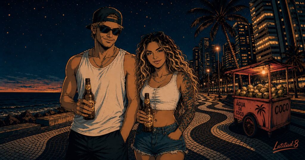 Keith and Steffany on the Beira-Mar promenade at dusk, cold beers in hand, tower blocks catching the last light behind them, both relaxed.