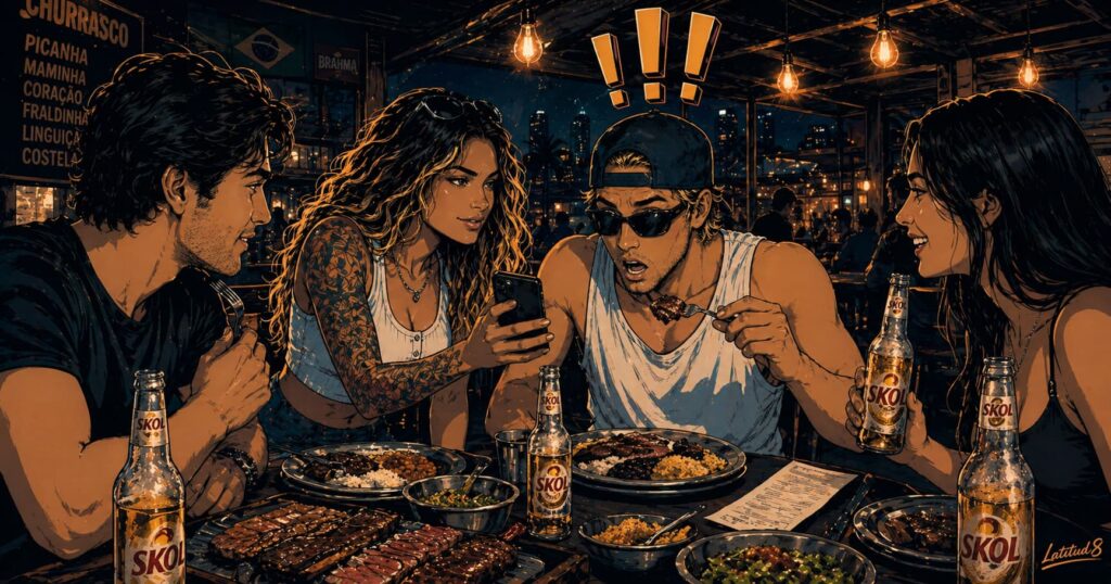Keith and Steffany at a packed local Fortaleza churrascaria with friends, food covering every surface, Keith mid-bite staring at the bill.