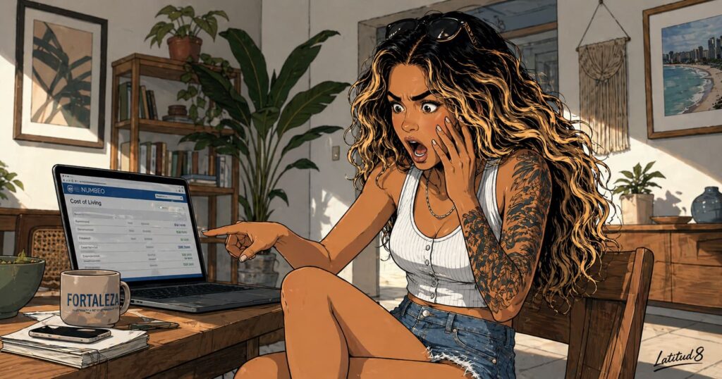 Steffany staring at a laptop screen in open-mouthed disbelief at Fortaleza cost of living figures, hand raised to her mouth.