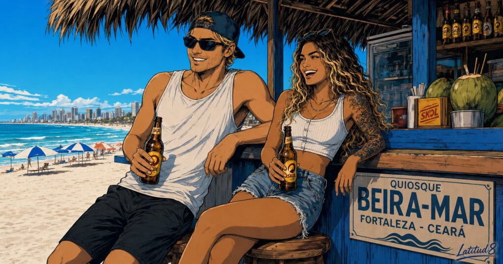 Keith and Steffany at a Fortaleza beach kiosk, Skol bottles in hand, ocean behind them, relaxed and completely at ease in the afternoon sun.