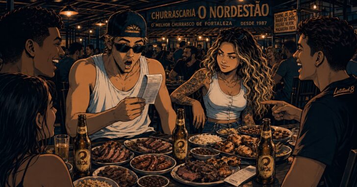 Keith and Steffany at a loaded churrascaria table in Fortaleza at night, cuts of meat arriving, cold Skols on the table, receipt face-down at the edge.