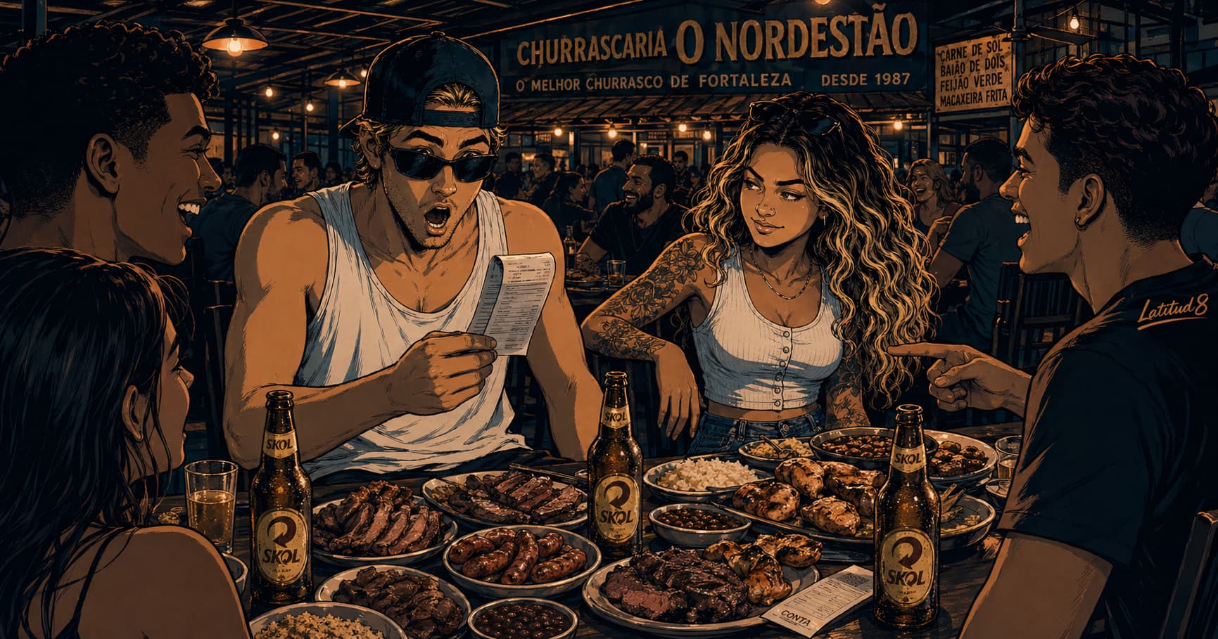 Keith and Steffany at a loaded churrascaria table in Fortaleza at night, cuts of meat arriving, cold Skols on the table, receipt face-down at the edge.