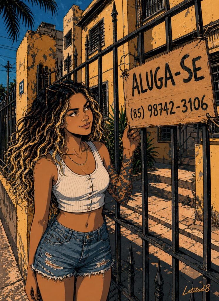 Steffany looking up at a handwritten Aluga-se sign on a Fortaleza apartment building gate, smiling with recognition