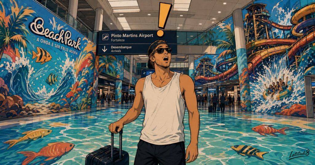 Keith arriving at Pinto Martins Airport, staring wide-eyed at the Beach Park water murals covering the floor and walls