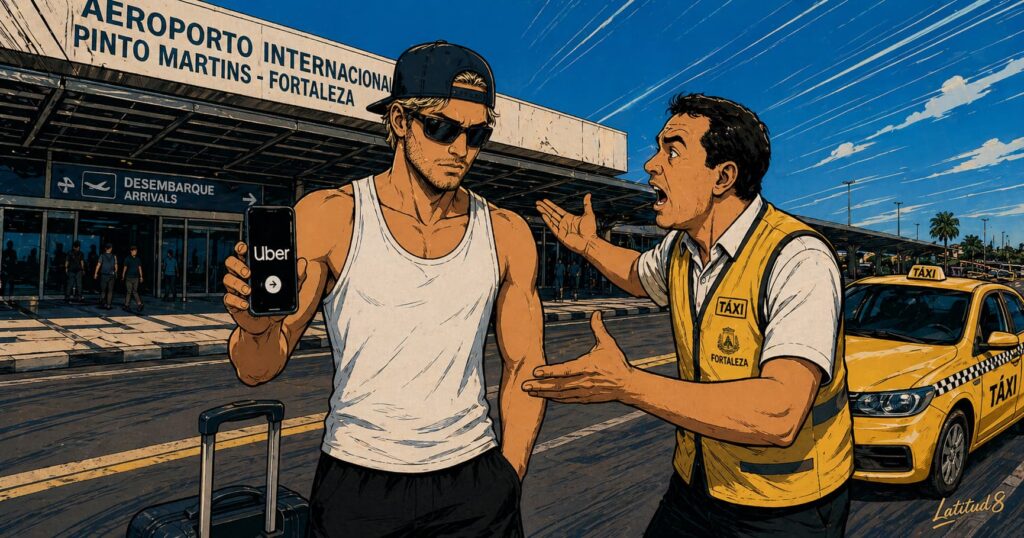 Keith outside Fortaleza airport holding his phone showing the Uber app, a taxi driver gesturing beside him, Keith calmly unmoved