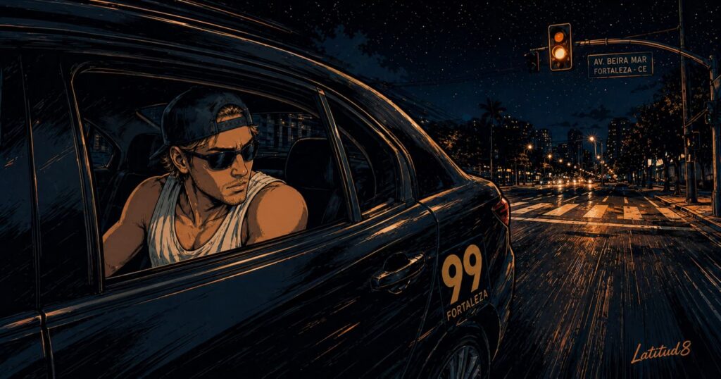 Keith in the back of a 99 rideshare at night approaching a flashing amber traffic light in Fortaleza, phone kept low