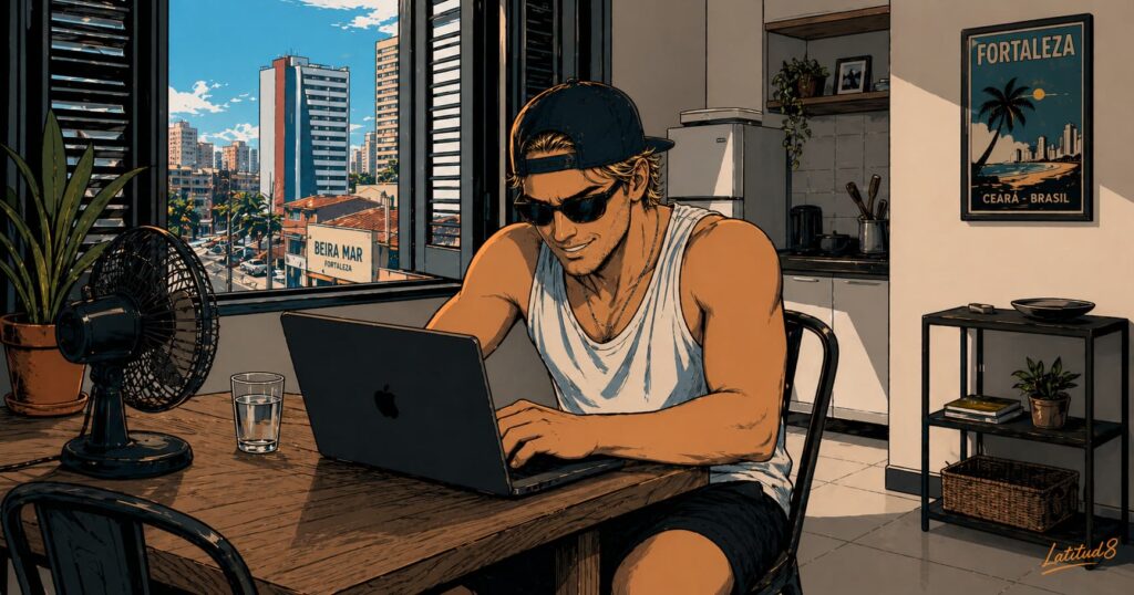 Keith working at a kitchen table in a Fortaleza Airbnb apartment, laptop open, small fan beside it, looking focused and unfussed