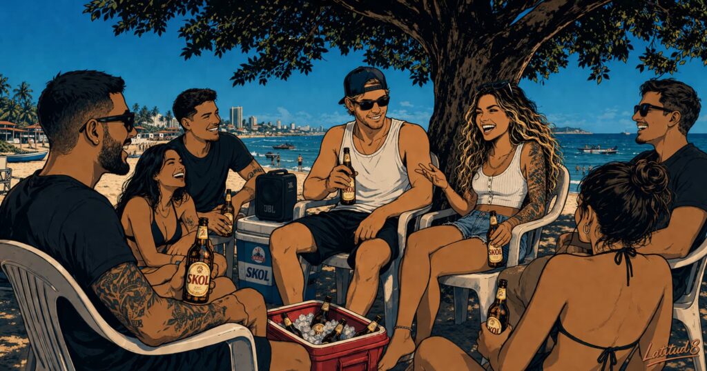 Keith pulled into a Fortaleza beach Saturday gathering — groups under trees, cold beers, music, the afternoon going nowhere in particular