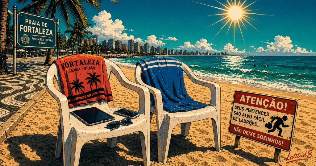 Fortaleza beach chairs left unattended with phones and a tablet visible in plain sight on the sand, ocean in the background