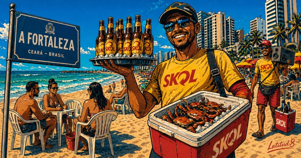 Fortaleza beach scene with vendors working the waterline — fresh crabs in cooler, cold beers in hand, beach chairs on sand