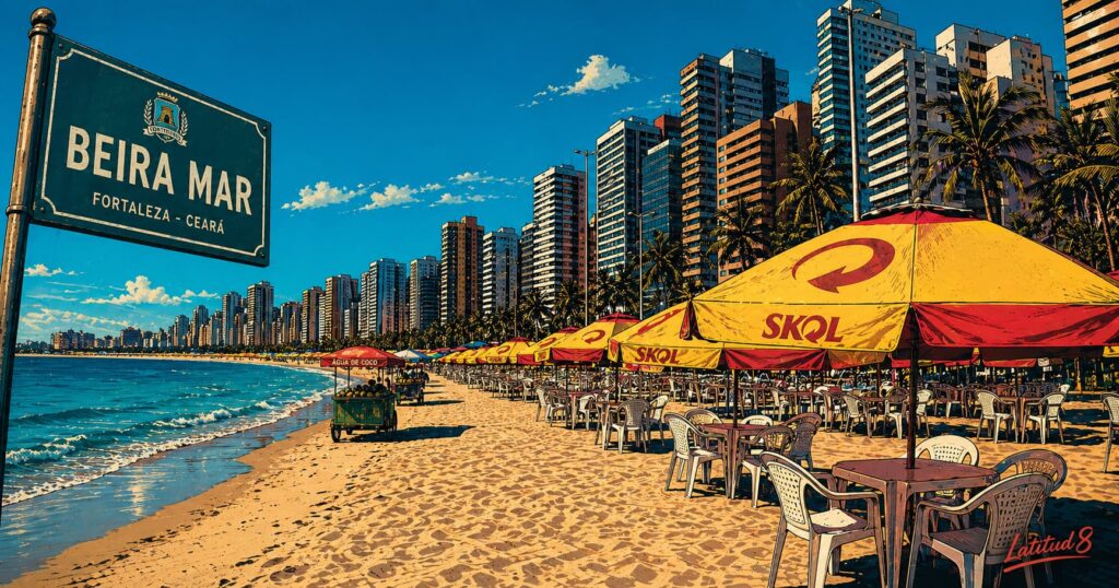 Fortaleza Beira Mar beachfront — long uninterrupted stretch of ocean, city behind, afternoon light, a Fortaleza better than its reputation