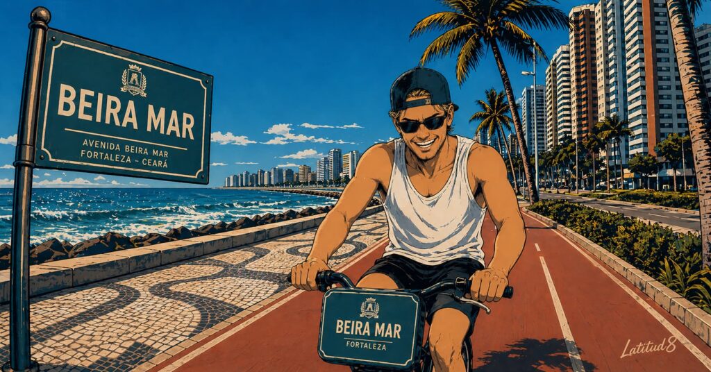 Keith cycling along the Beira Mar seafront path, ocean behind him, Fortaleza city towers rising ahead in afternoon sun