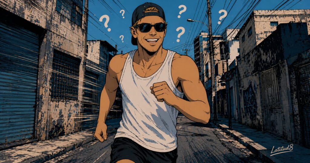 Keith running along a Fortaleza street looking cheerful and relaxed, street signs in the background suggesting he's somewhere he shouldn't be