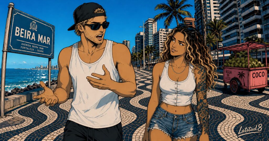 Keith and Steffany walking the Beira Mar calçadão mid-conversation, Fortaleza skyline rising behind them, Keith gesturing