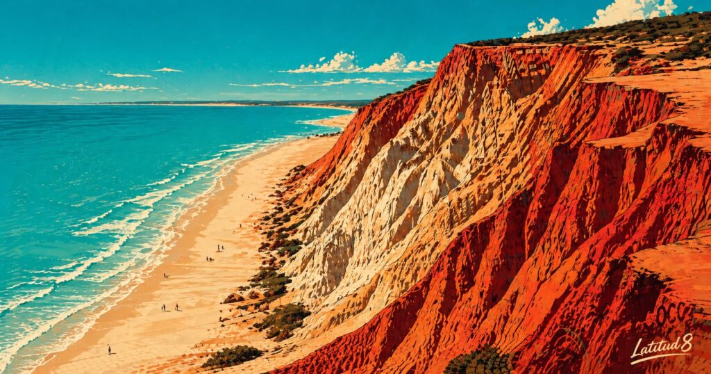 The red sandstone cliffs of Canoa Quebrada from the beach below — dramatic striped formations rising above the white sand